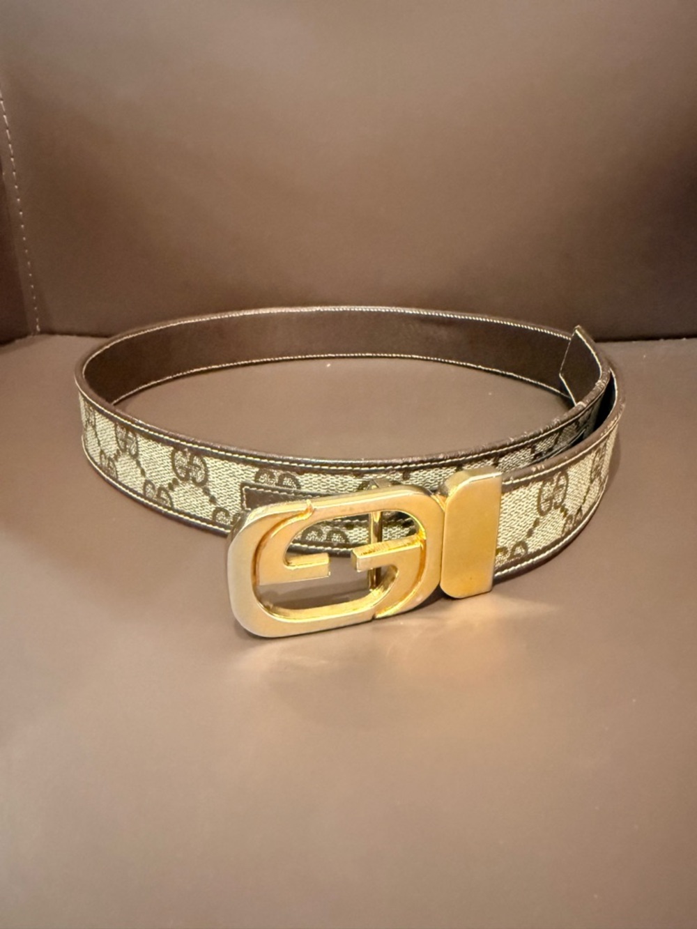 GUCCI GG Classic Logo-Pattern Canvas Leather Women's Belt Gold Tone Buckle Y2K